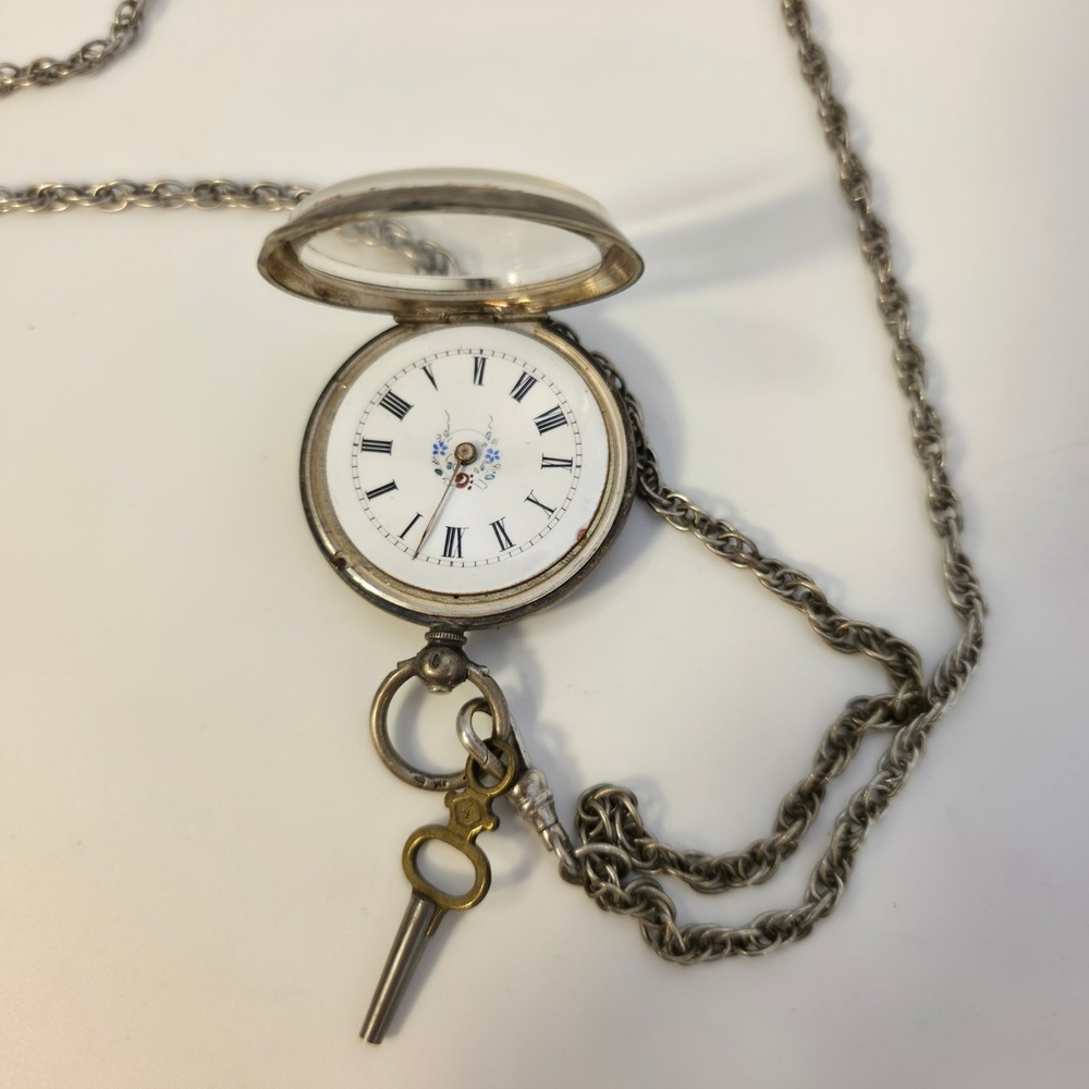 Pocket Watch OS Silver Good Antique Floral Key Wind Chain missing hand - Picture 6 of 9